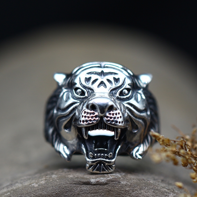 个性精雕霸气丛林之王老虎男士可调节戒指复古泰银指环 
