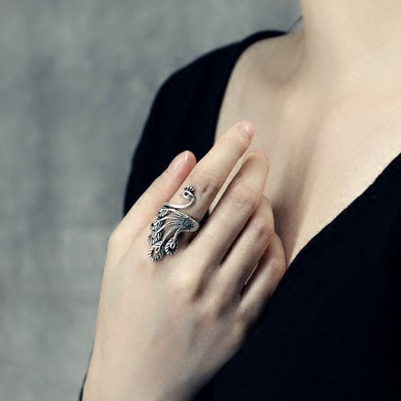 孔雀纯银女戒指镶嵌锆石复古哑光凤凰民族风开口足银食指指环